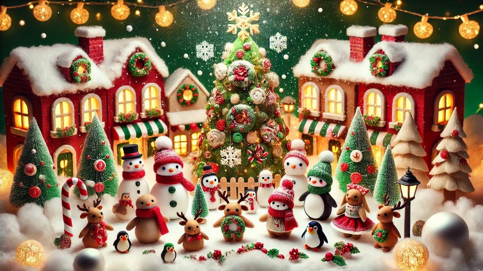 Vibrant Christmas village scene with snowmen, reindeer, and holiday lights in New York